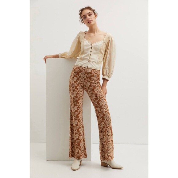 Anthropologie Pants - Anthropologie Small Knit Flare Pants Neutral Motif Brown Cream Bohemian Festival